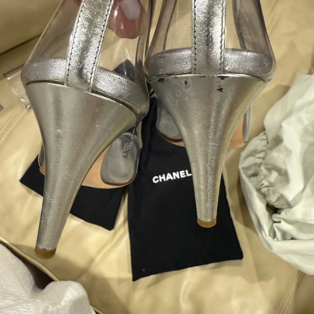 Vintage Chanel Silver Cap Toe Leather and PVC Pumps